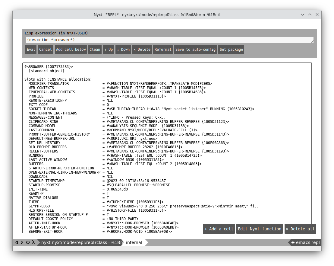 The user using the Lisp REPL to list the buffers.